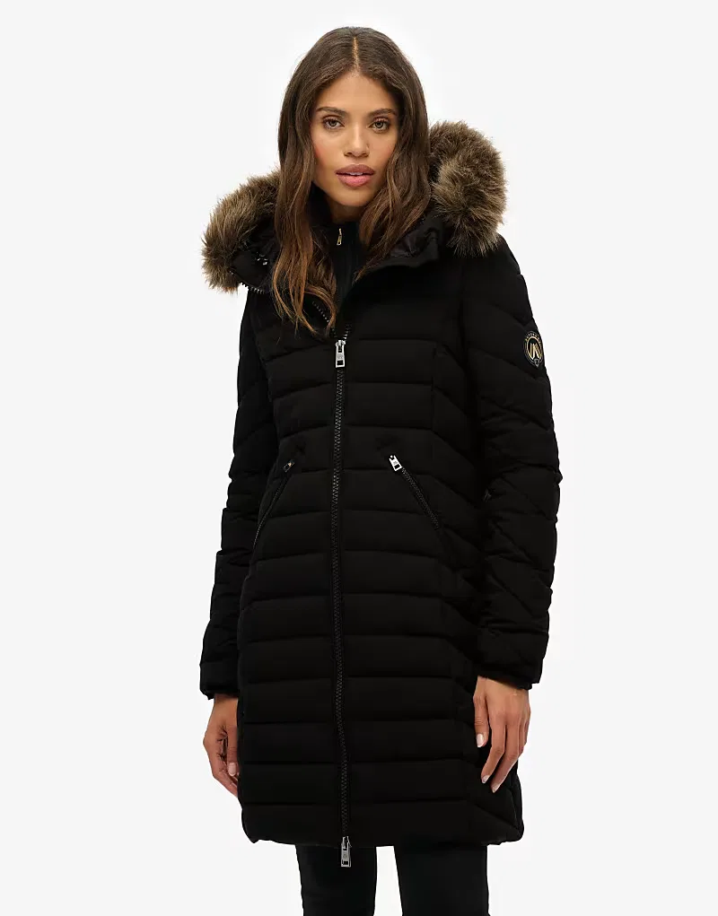 Пальто средней длины Superdry Fuji из искусственного меха с капюшоном, черный — фото 3