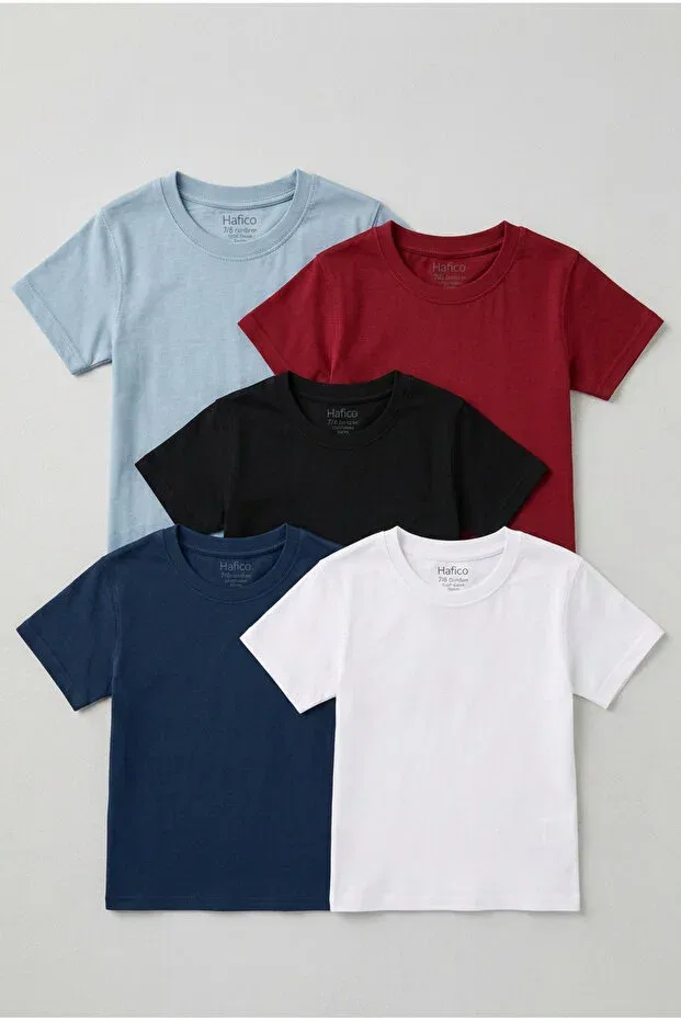 Детский комплект футболок с коротким рукавом хлопковый Hafico, Black - Off-White - Burgundy - Ice Blue - Indigo — фото 2