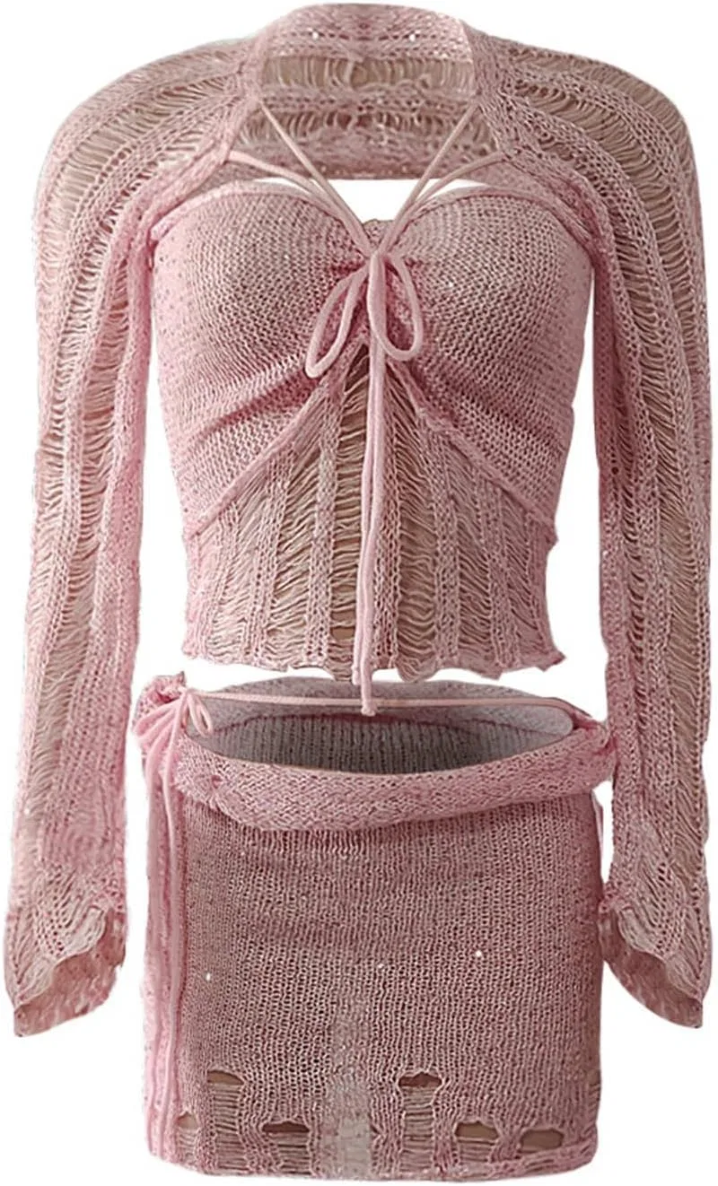 Женский бикини-комплект с пайетками и вязаным топом, Pink — фото 3