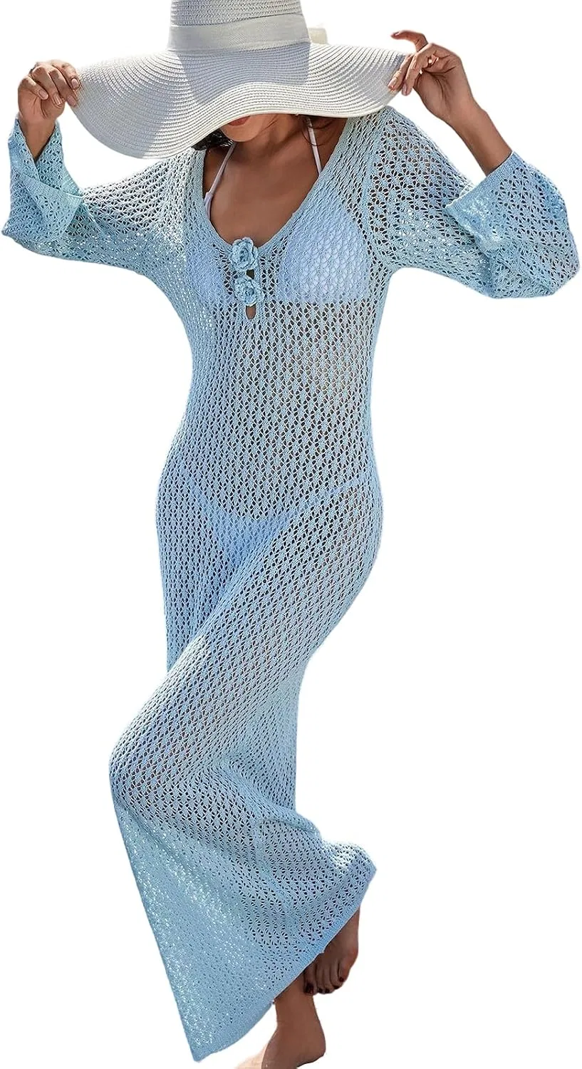 Женское длинное платье-накидка с вязаным кружевом Hollow Out, Light Blue