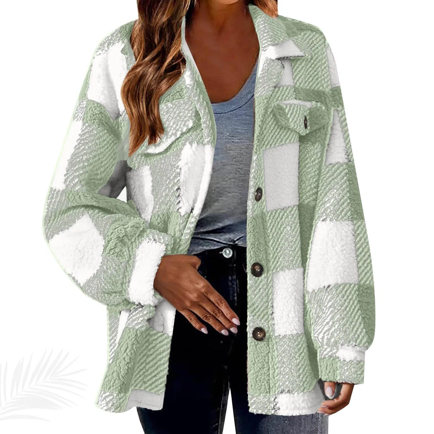 Женское пальто с капюшоном, с принтом, Women Fleece Jackets Fuzzy Zip Up Jacket, light green
