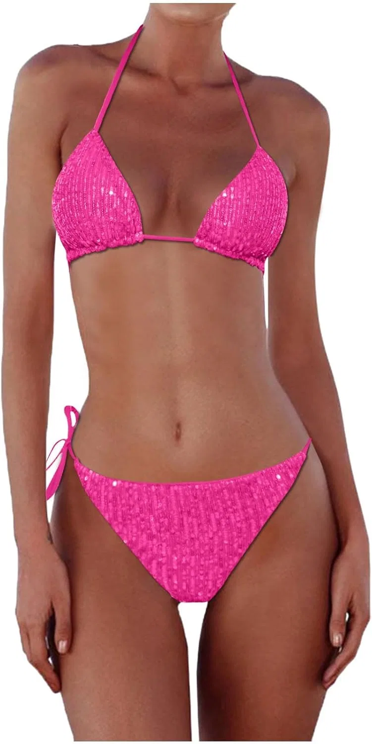 Женский бикини-сет с блестящими ребристыми чашками, Black/Hot Pink