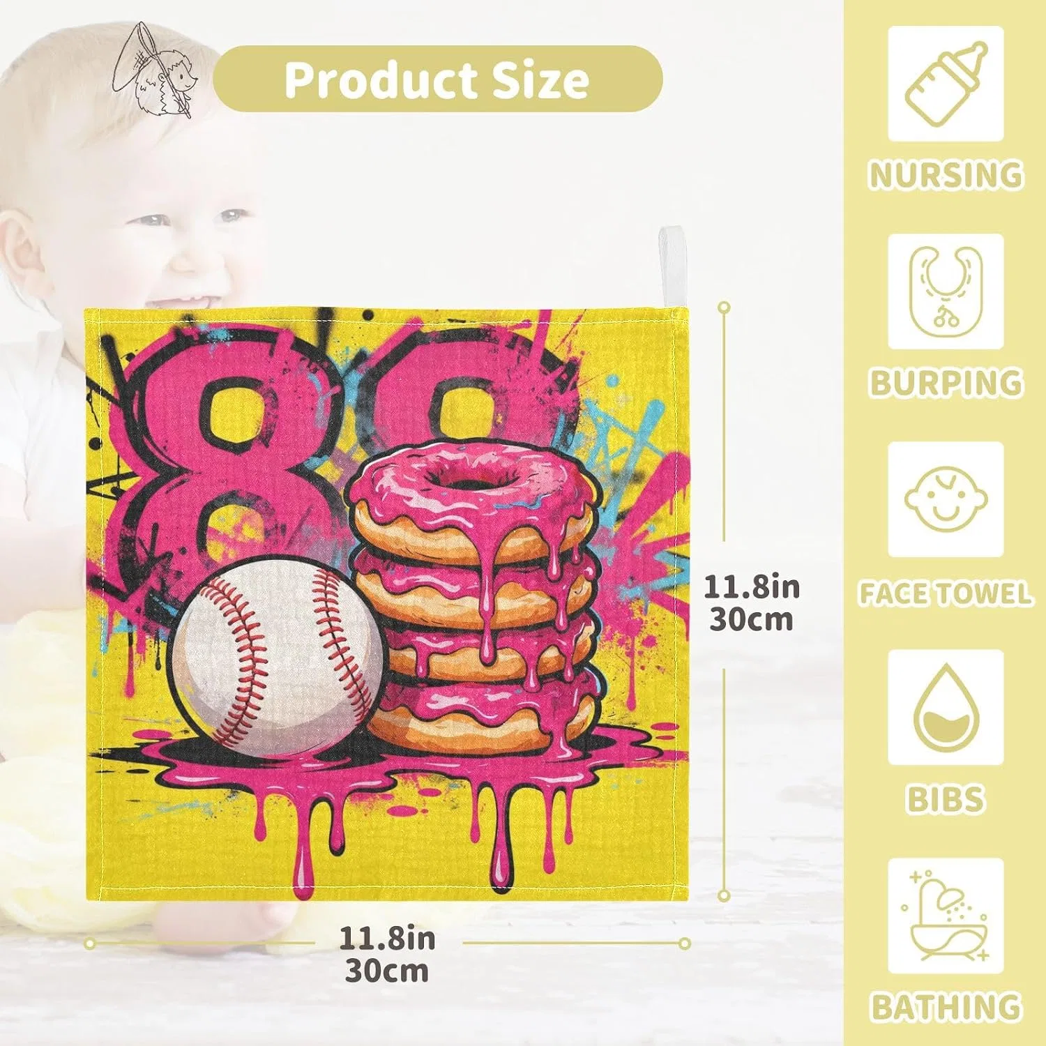 Мочалка для детей, 3 шт., GuoChe, муслин хлопковый, 30x30 см, Baseball 80 Donut Stack Graffiti — фото 4