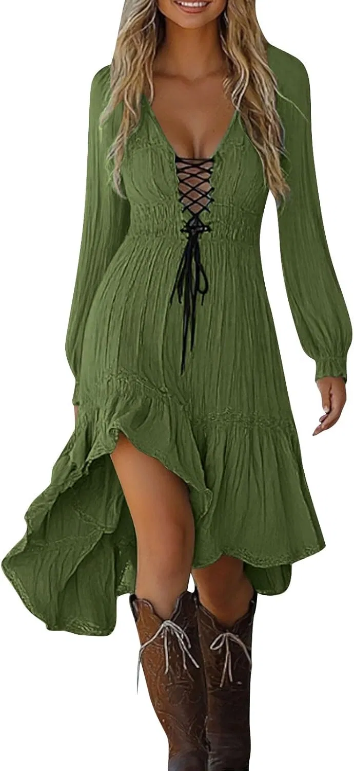 Женское платье с глубоким декольте и шнуровкой Western Cowgirl, Army Green