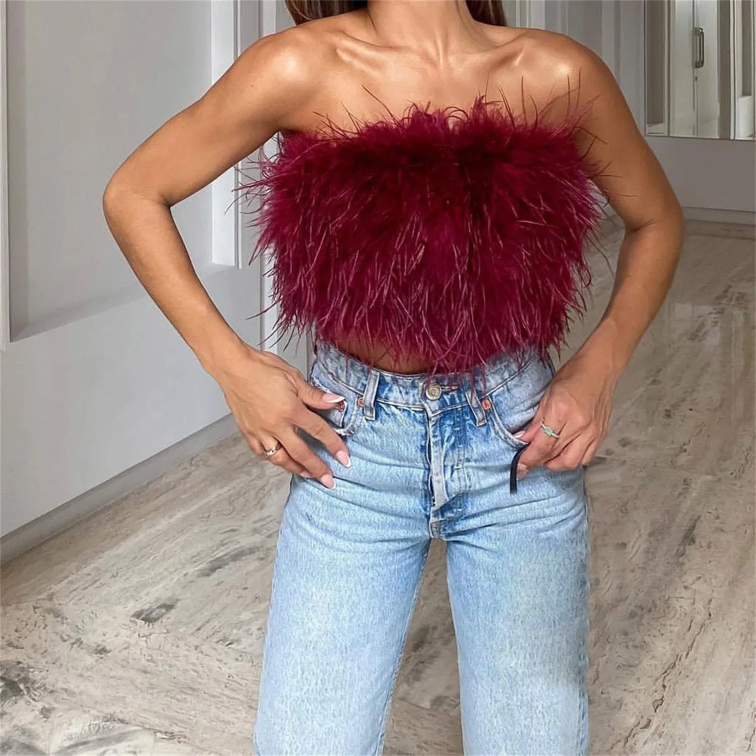 Женский топ без рукавов с перьями и молнией, модель Tube Top, Red — фото 2