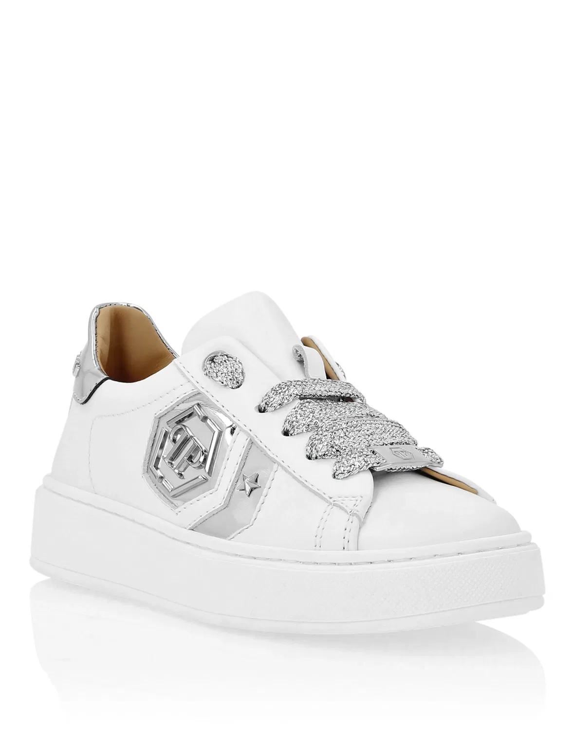 Детские кроссовки низкие с тисненым логотипом Hexagon PHILIPP PLEIN, White/Silver