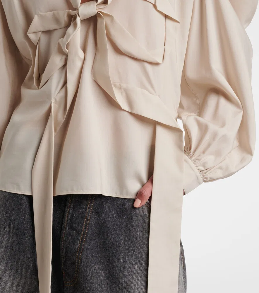 Блузка с вырезом и бантом Acne Studios, бежевый — фото 4