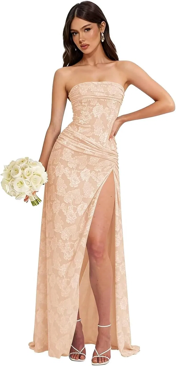 Женское вечернее платье с цветочным жаккардом LA146, Peach Pink