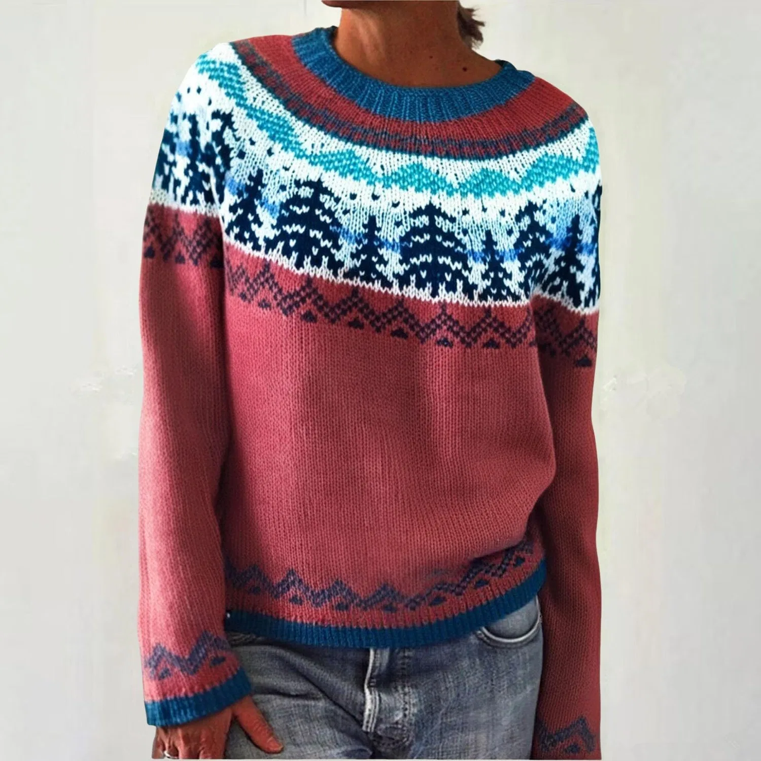 Женский свитер с нордическим узором Fairisle Wool Long Sleeve, Brick Red — фото 2