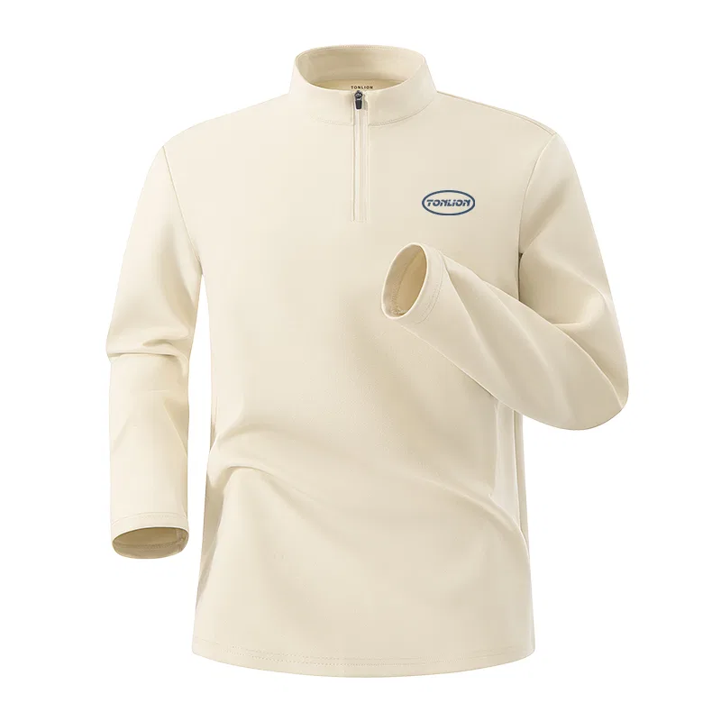 Детский лонгслив с воротником-стойкой и полумолнией Tonlion, Цвет: [Quick-drying long-sleeved T-shirt] Light Beige (with blue English logo on the chest)