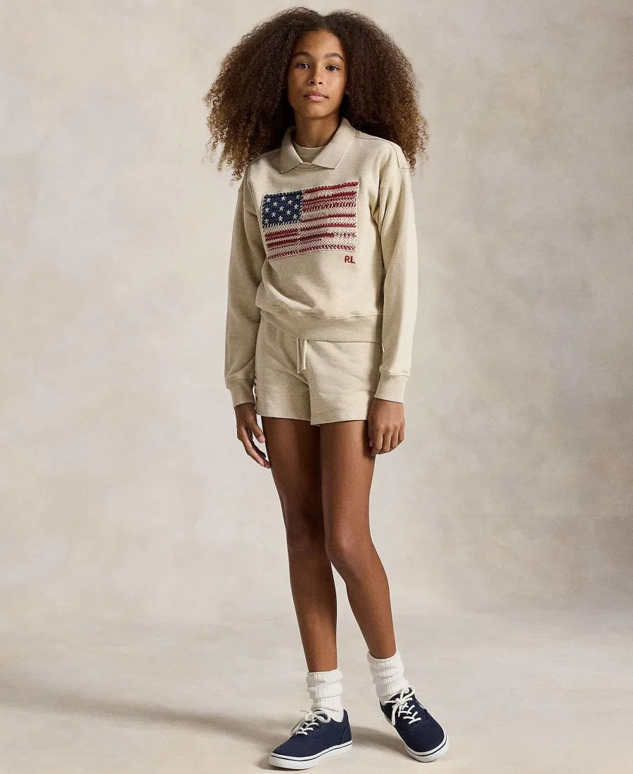 Свитшот с длинным рукавом и воротником-поло с аппликацией флага Flag Terry Long-Sleeve Collared Sweatshirt Polo Ralph Lauren, Expedition Dune Heather