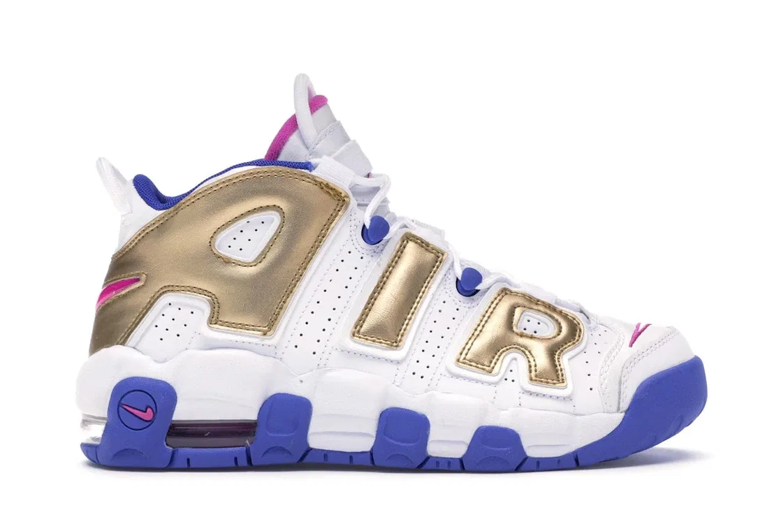 Детские кроссовки для мальчиков и девочек с перфорированным верхом Nike Air More Uptempo Nike, White/Fuchsia Blast-Metallic Gold