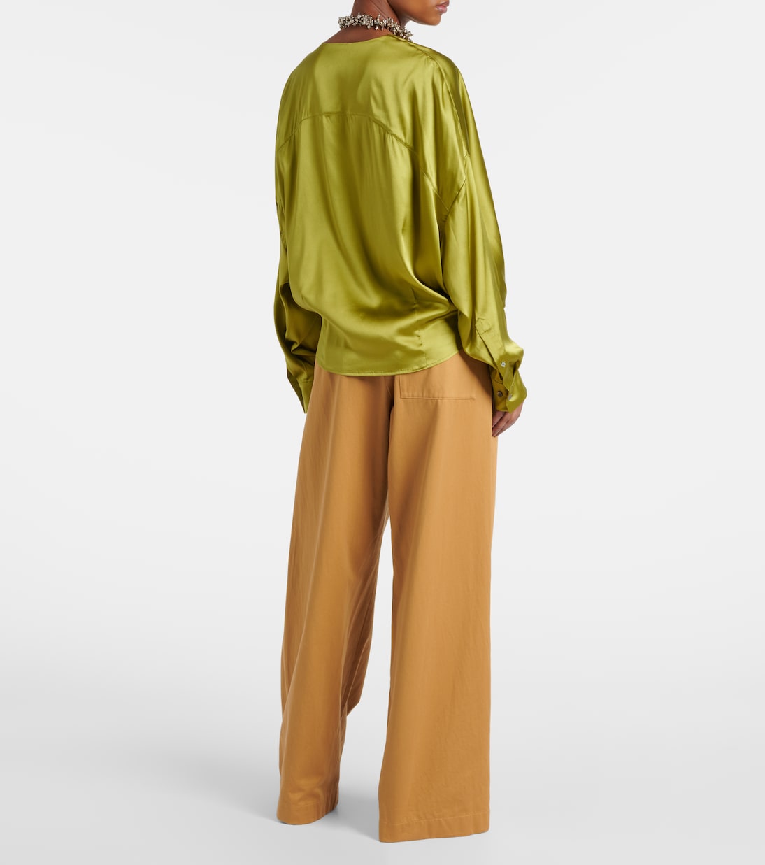Драпированная блузка из смесового шелкового атласа Dries Van Noten, оливковый — фото 3