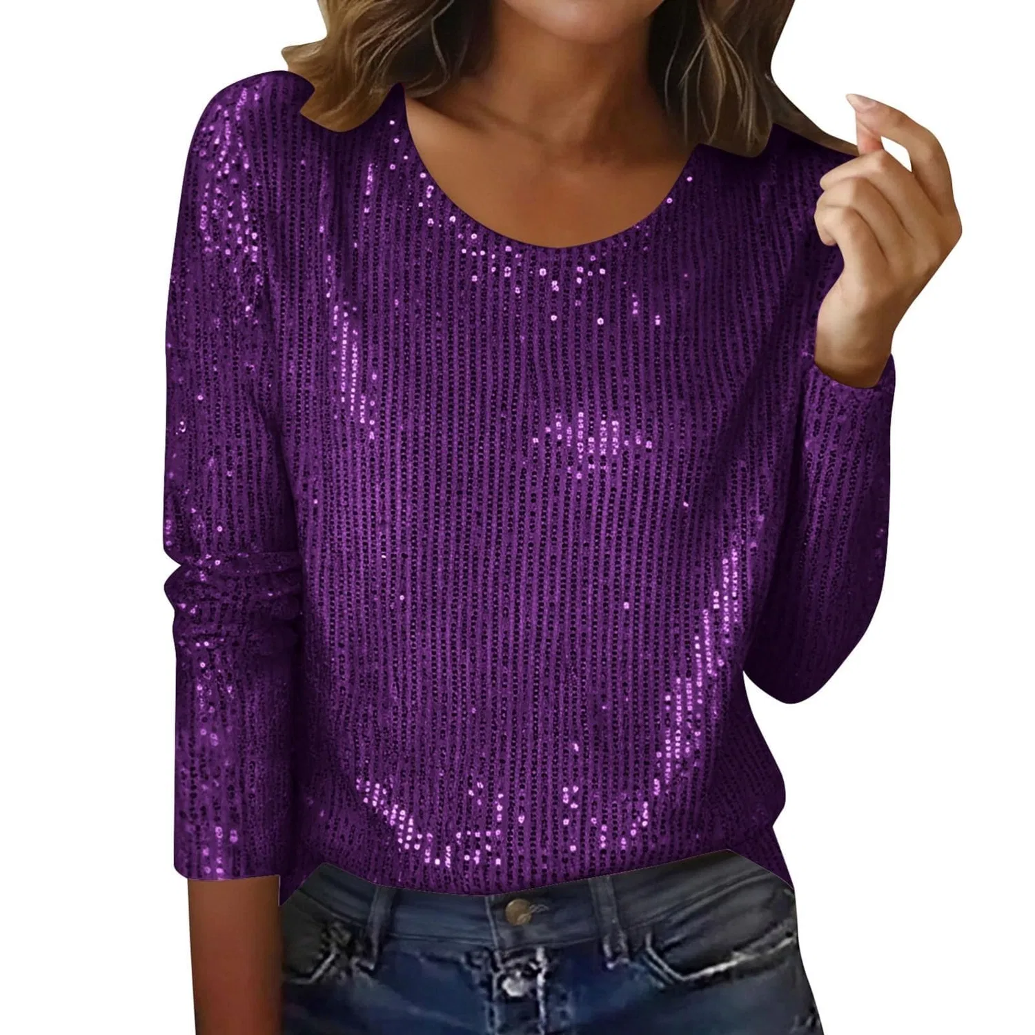 Женская блестящая блузка с длинным рукавом Sequin Tops, 1b-purple