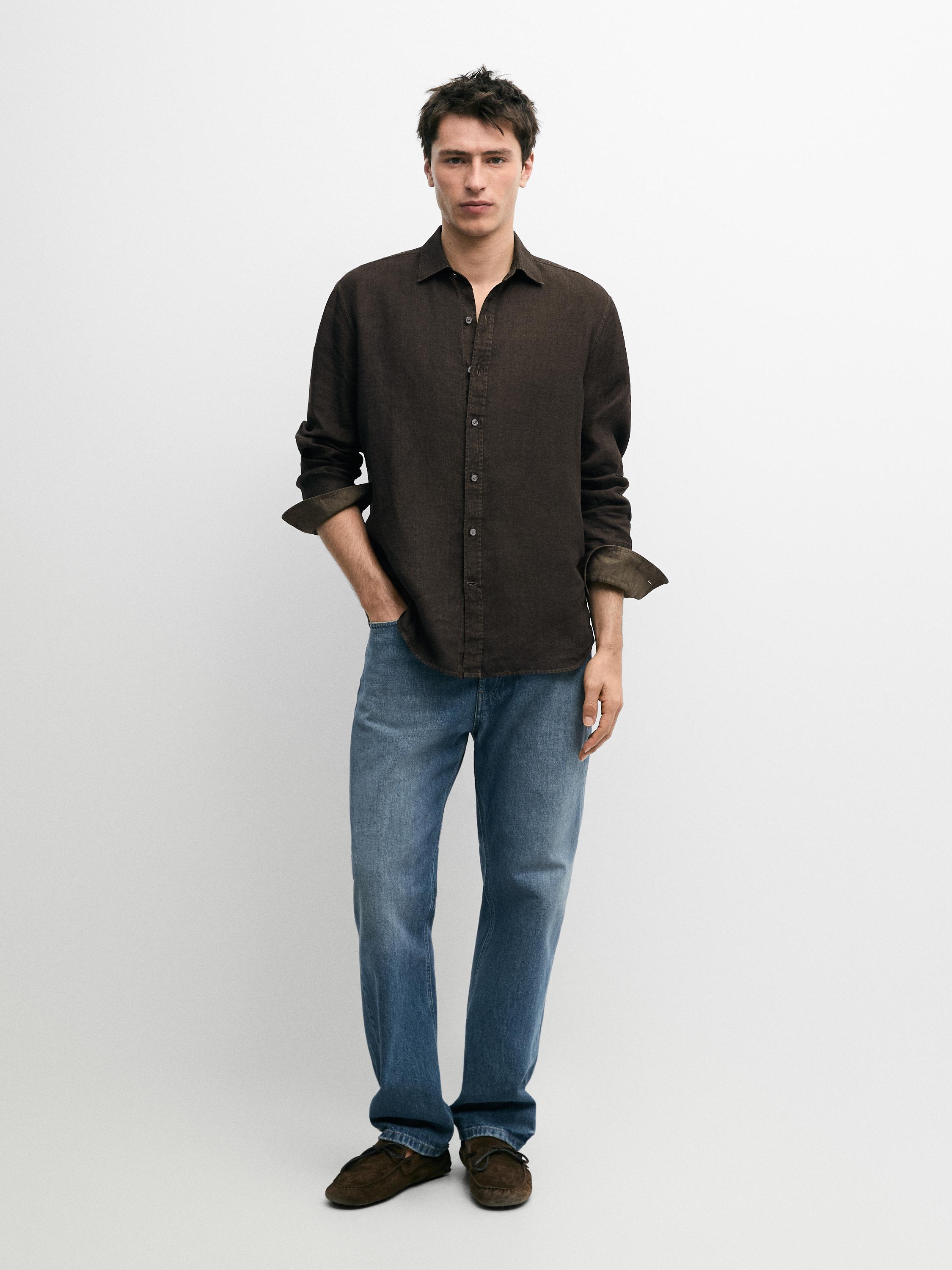 Рубашка Massimo Dutti 100% Linen Regular Fit, хаки — фото 2