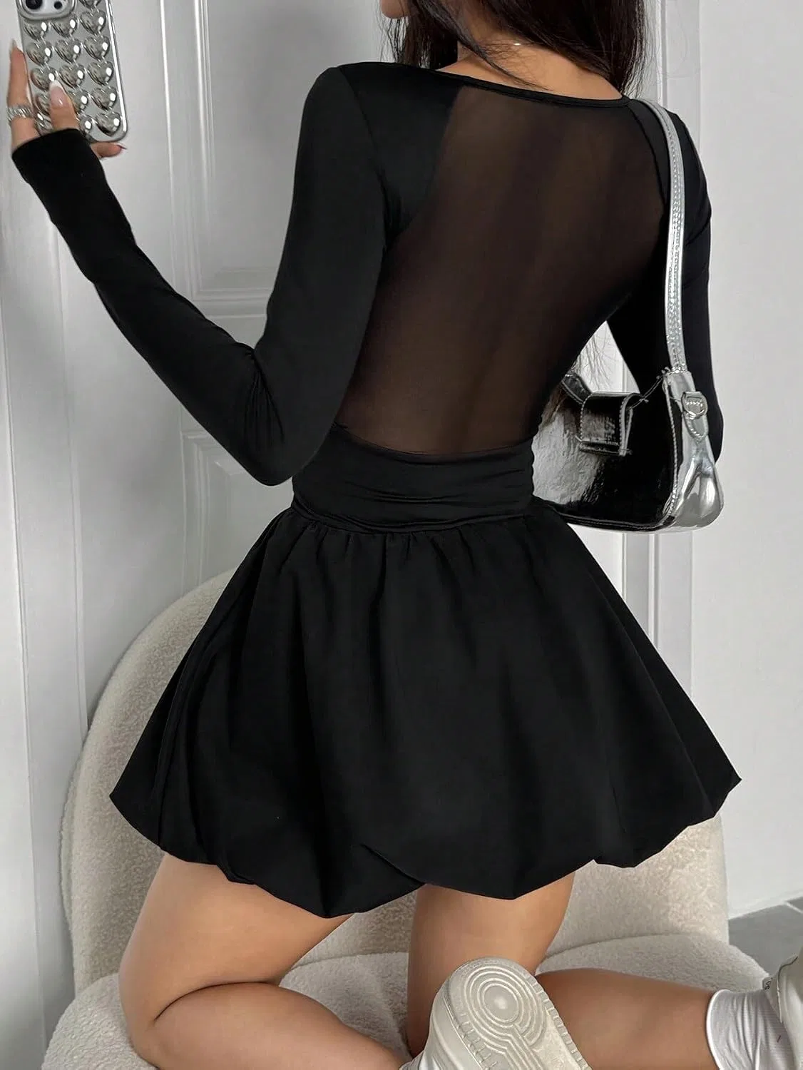 Женское платье A-силуэта мини с длинным рукавом, Black — фото 2