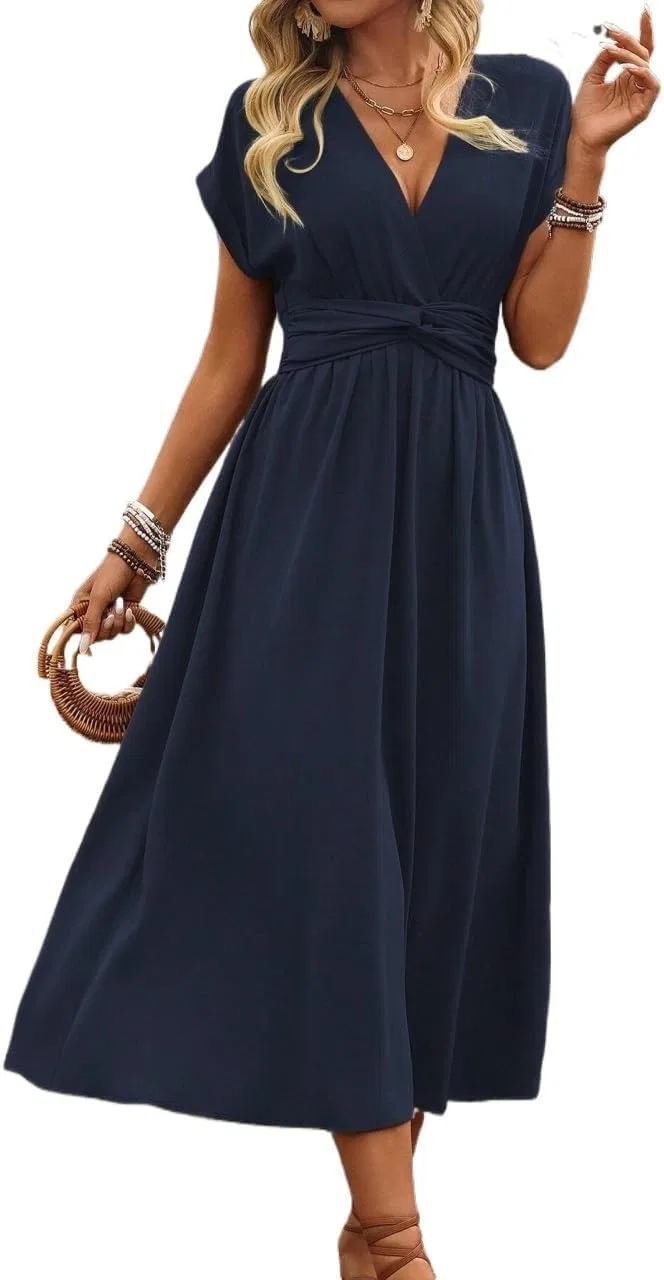 Женское платье-миди с V-образным вырезом A-line, Navy Blue — фото 4