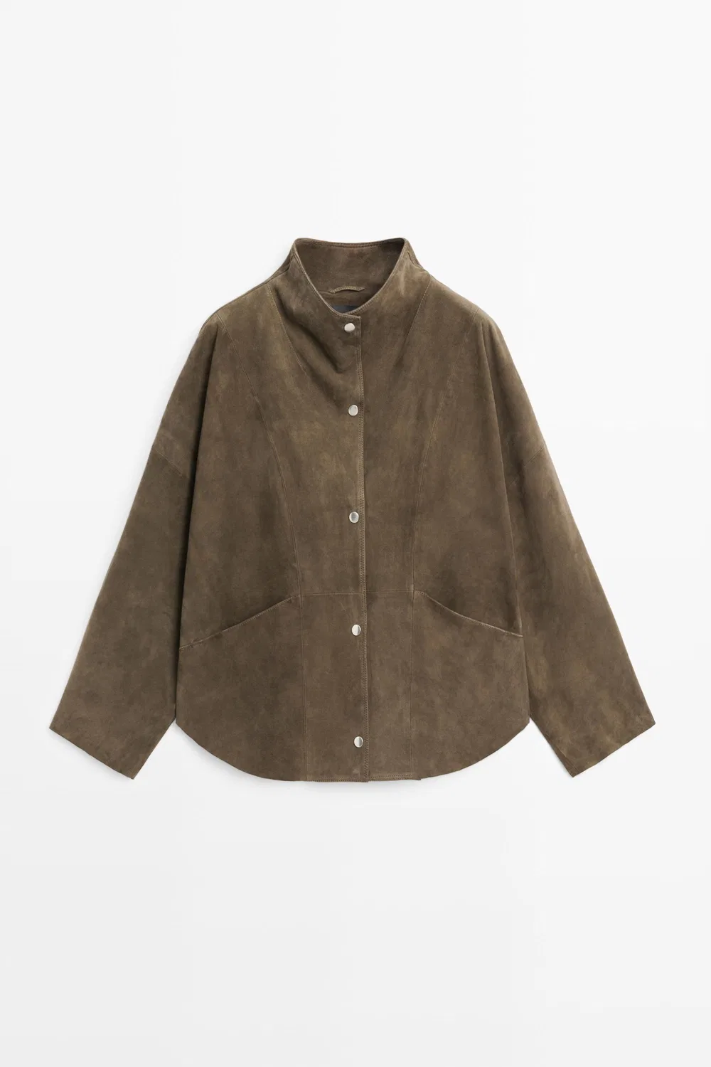 Куртка Massimo Dutti, из замшевой кожи, с высоким воротником, хаки — фото 2