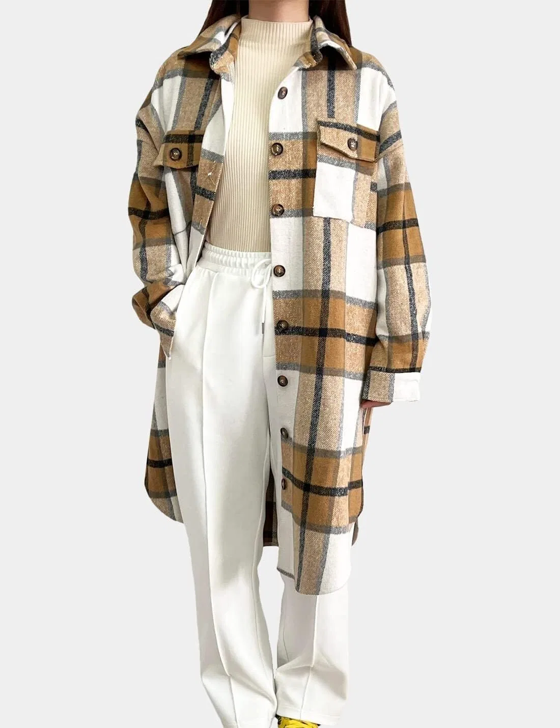 Женская куртка-рубашка с принтом в клетку Womens-Shacket-Vintage Retrò, Khaki — фото 3