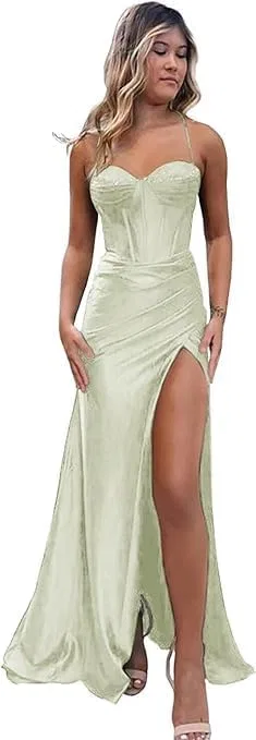 Женское атласное платье с бисером и драпировкой Prom, Sage Green