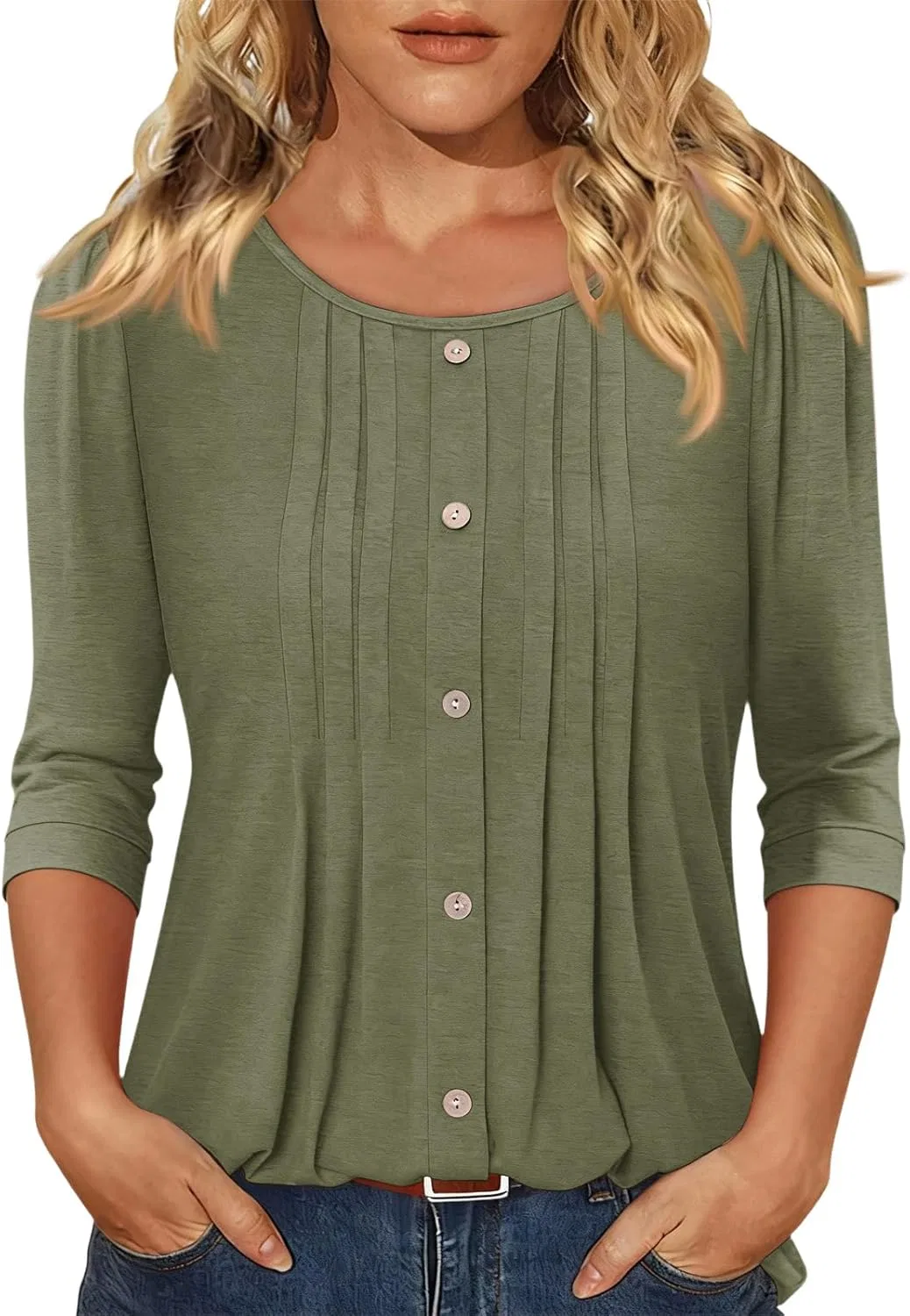 Женская блузка с плиссировкой 3/4 рукав, Dark Green