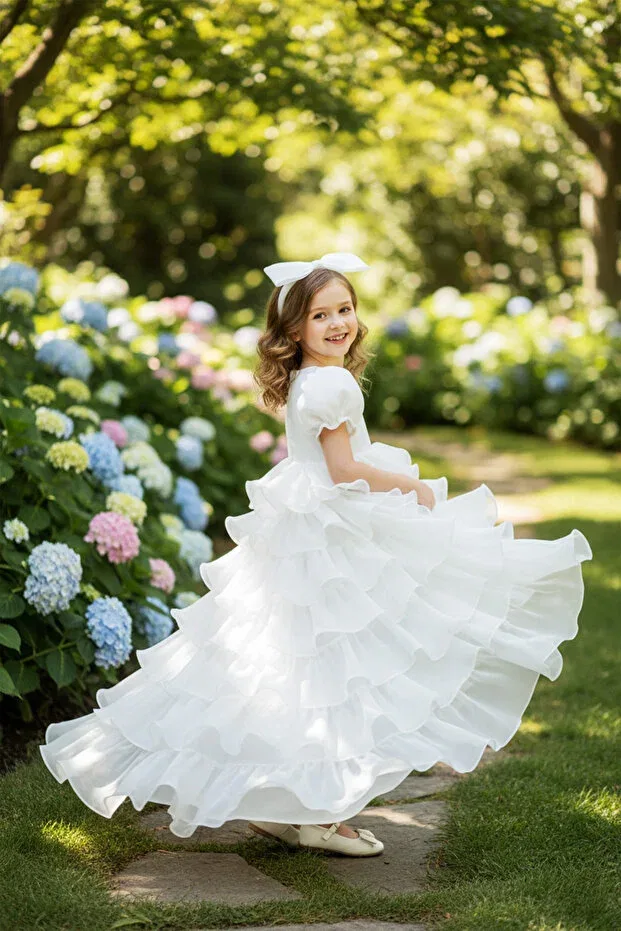 Детское платье для девочек с коротким рукавом-фонарик Purevia white fairytale girls' evening dress - layered tulle birthday dress - prom graduation dress Egolika Kids, White — фото 4
