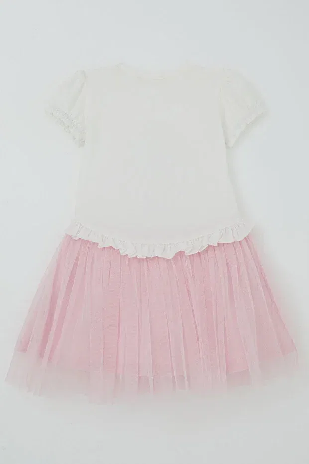 Детское платье для девочек с принтом Ballerina Shoes Printed Waist Part Ruffle Detailed Elastic Sleeves Breeze, Ecru — фото 4