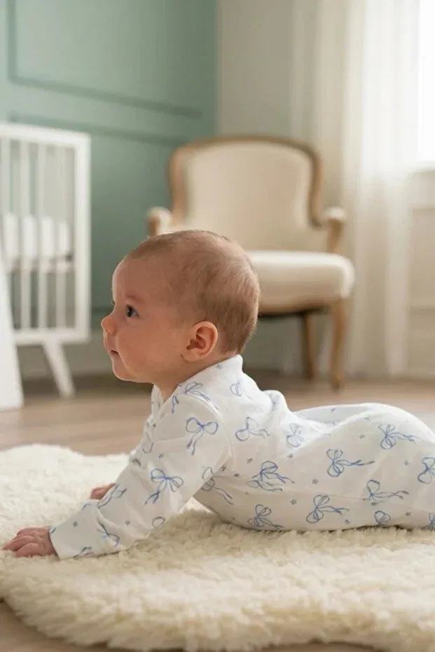 Детское боди-комбинезон на молнии с капюшоном Pureline Series Tuğba Kuğu, Blue Dainty Bow — фото 4