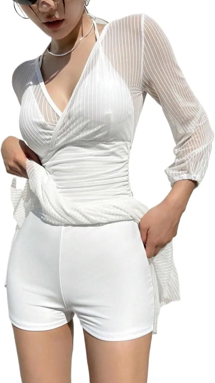 Женский монокини с галстуком на спине с длинным рукавом, White