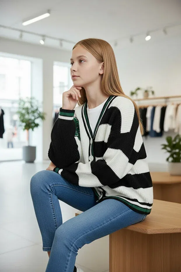 Детский кардиган для девочек полосатый вязаный Appliqued Stripe Patterned Knitwear Minimoda Kids, Ecru — фото 3