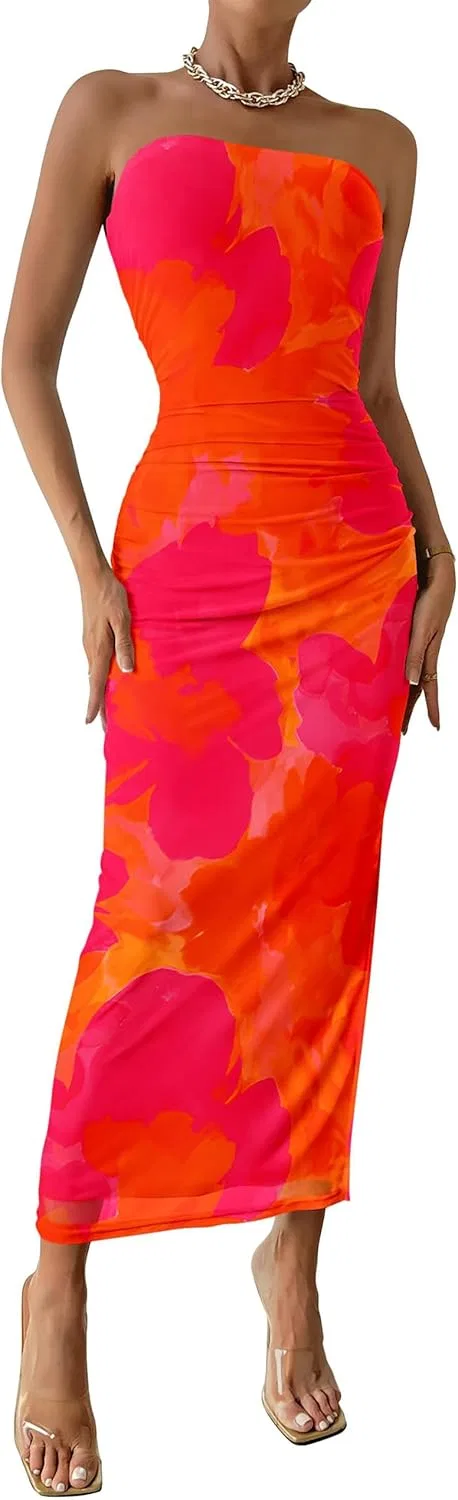 Женское летнее макси-платье bodycon с принтом, Orange Red Big Floral
