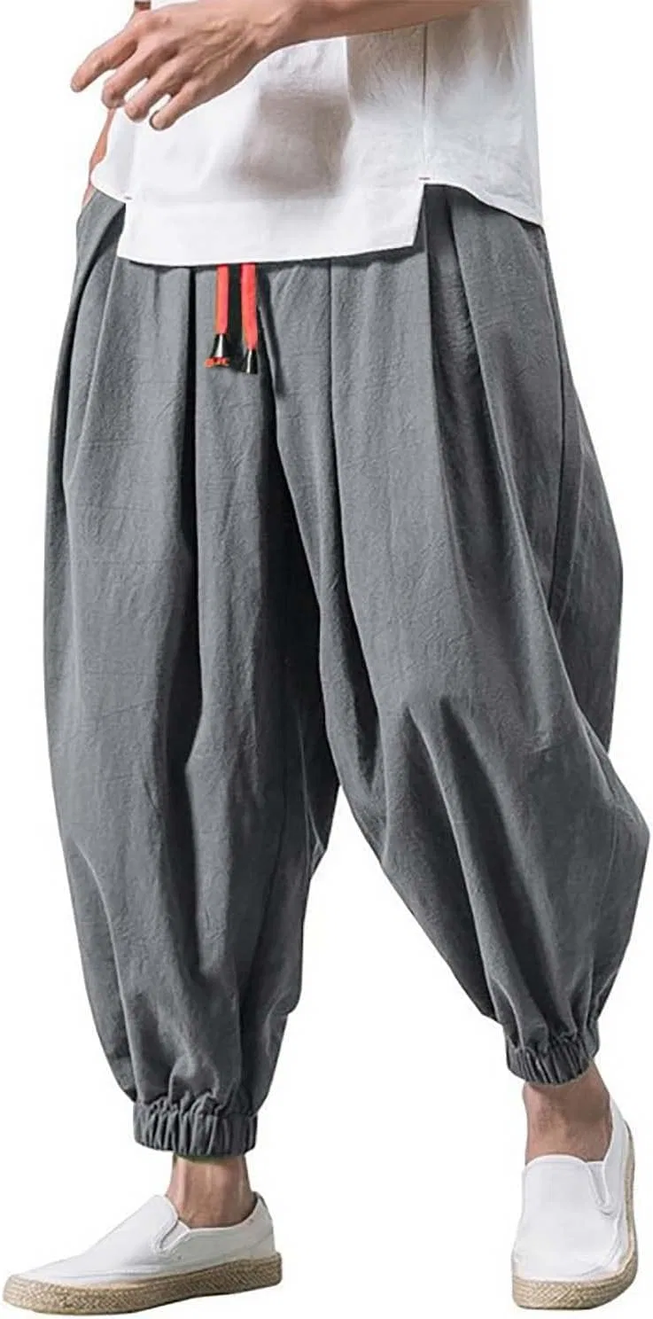 Мужские свободные брюки-карго с заниженной талией, на кулиске, из льна, Harem Pants, тёмно-серый