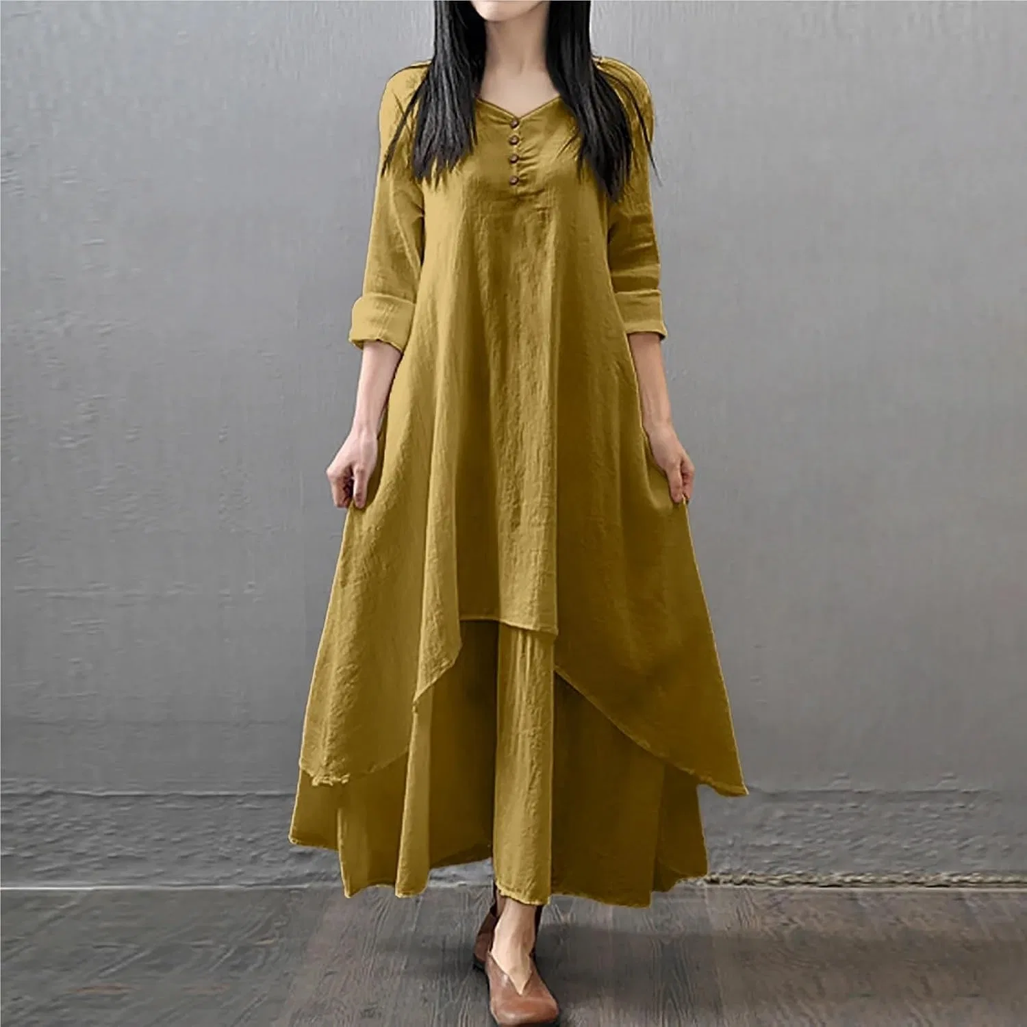 Женское платье свободного кроя с длинным рукавом Generic, Yellow — фото 2