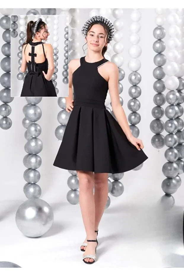 Детское платье для девочек с открытой спиной Meneviş back detailed girl's short crepe evening dress_mnvs836 Meneviş Çocuk Giyim, Siyah