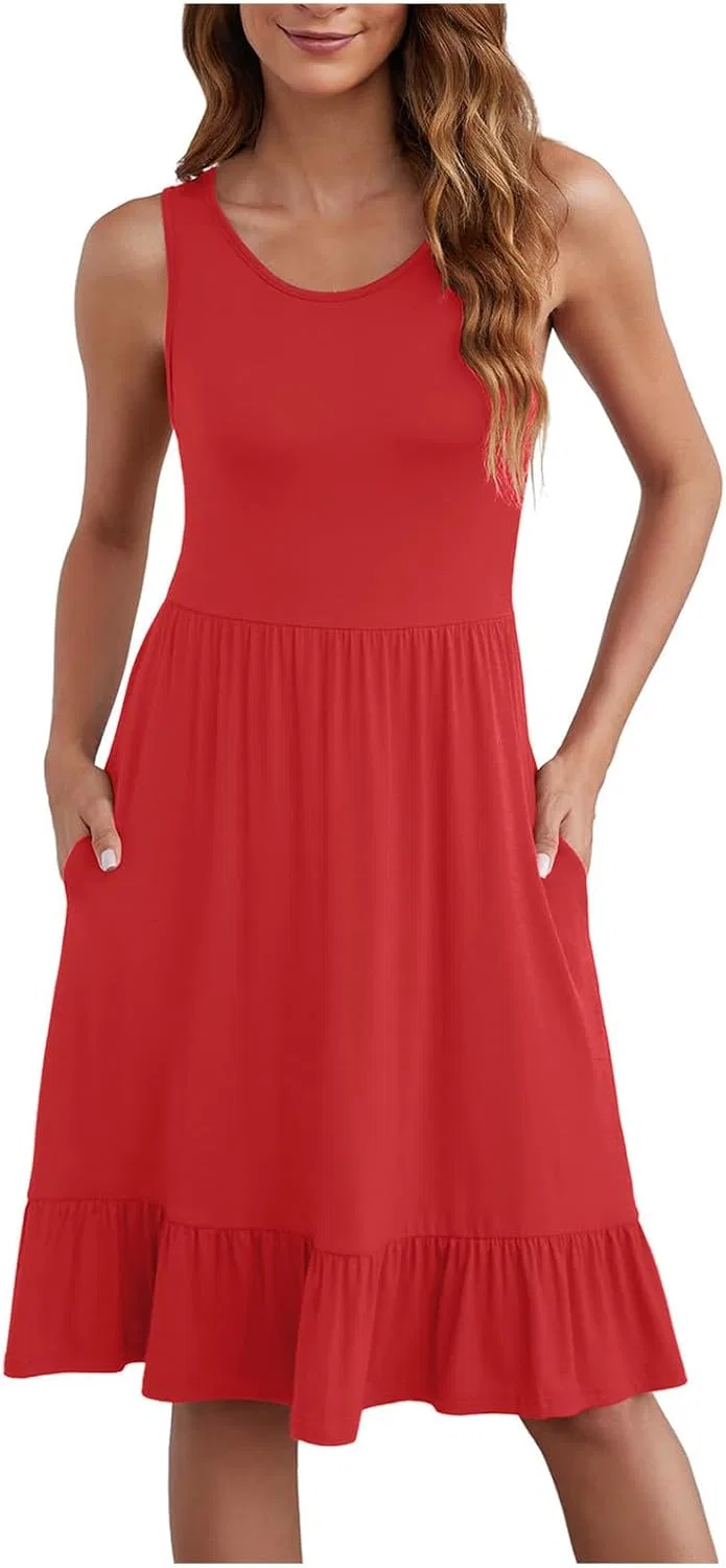 Женское летнее платье миди sleeveless с рюшами, Red