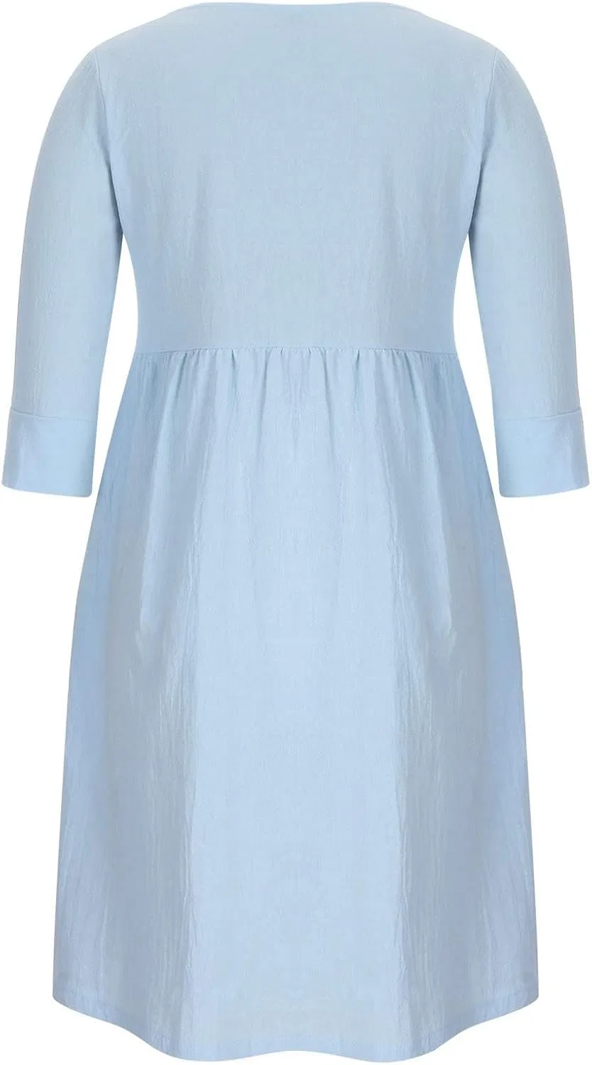Женское свободное платье-туника с круглым вырезом и рукавом 3/4, Blue — фото 3