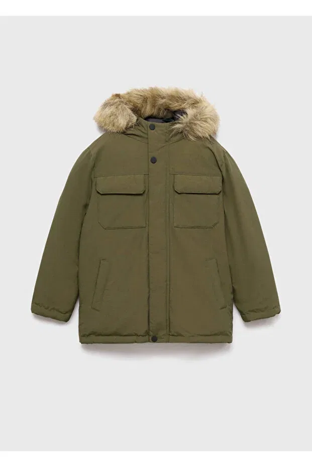 Детское пальто для девочек стеганое Hooded Artificial Fur Anorak Mango Kids, Khaki Color — фото 3