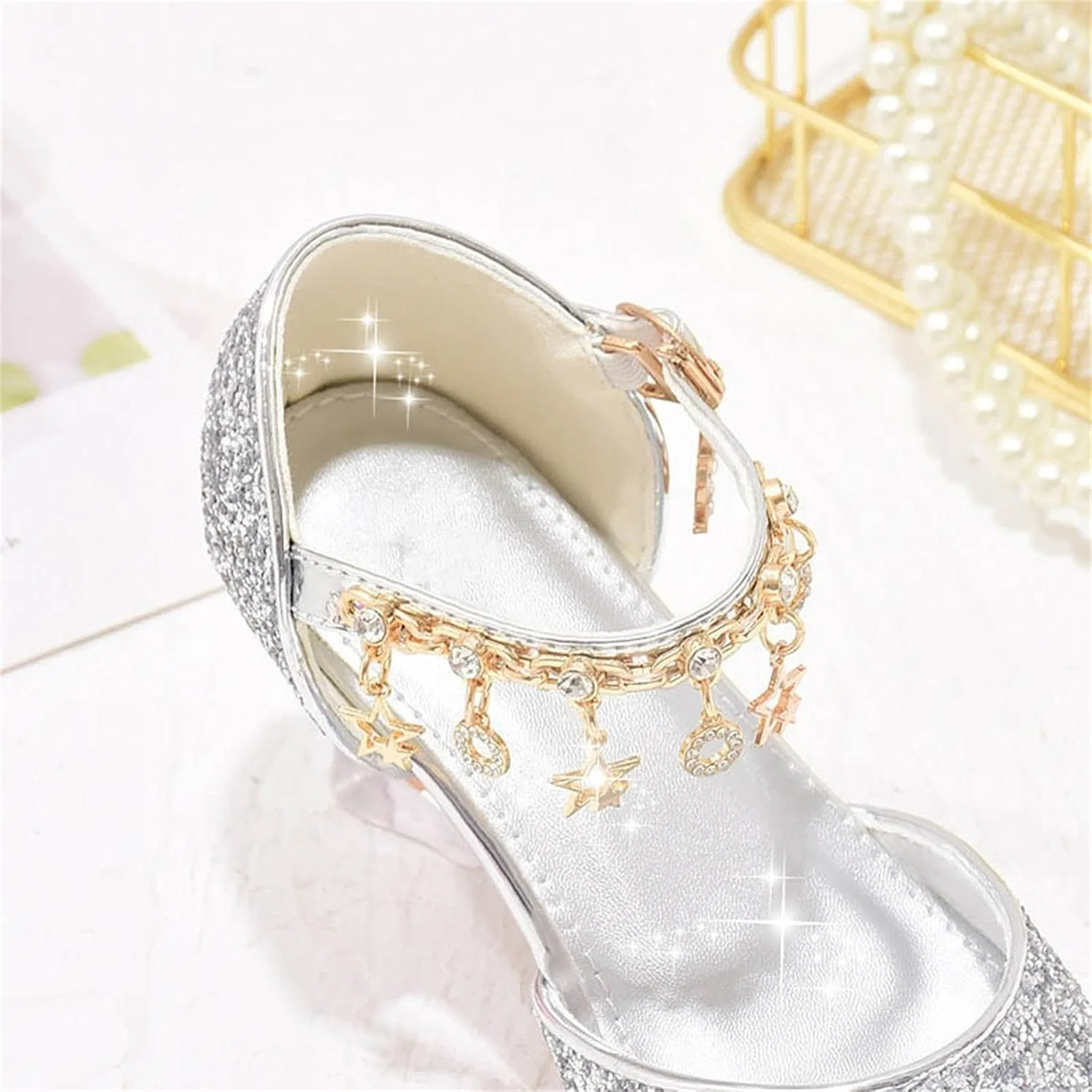 Детские туфли для девочек с блестками и стразами Mary Jane SHOPESSA, Silver — фото 2