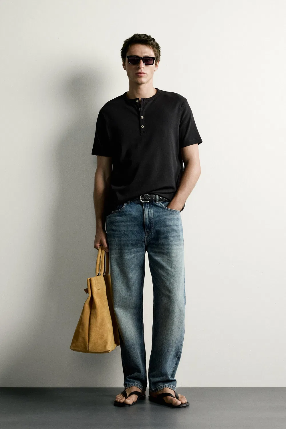 Футболка Henley стандартного кроя ZARA, Black