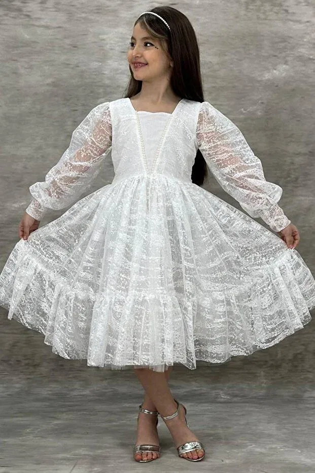 Детское платье для девочек с длинным рукавом Basics Riccotarz, White — фото 4