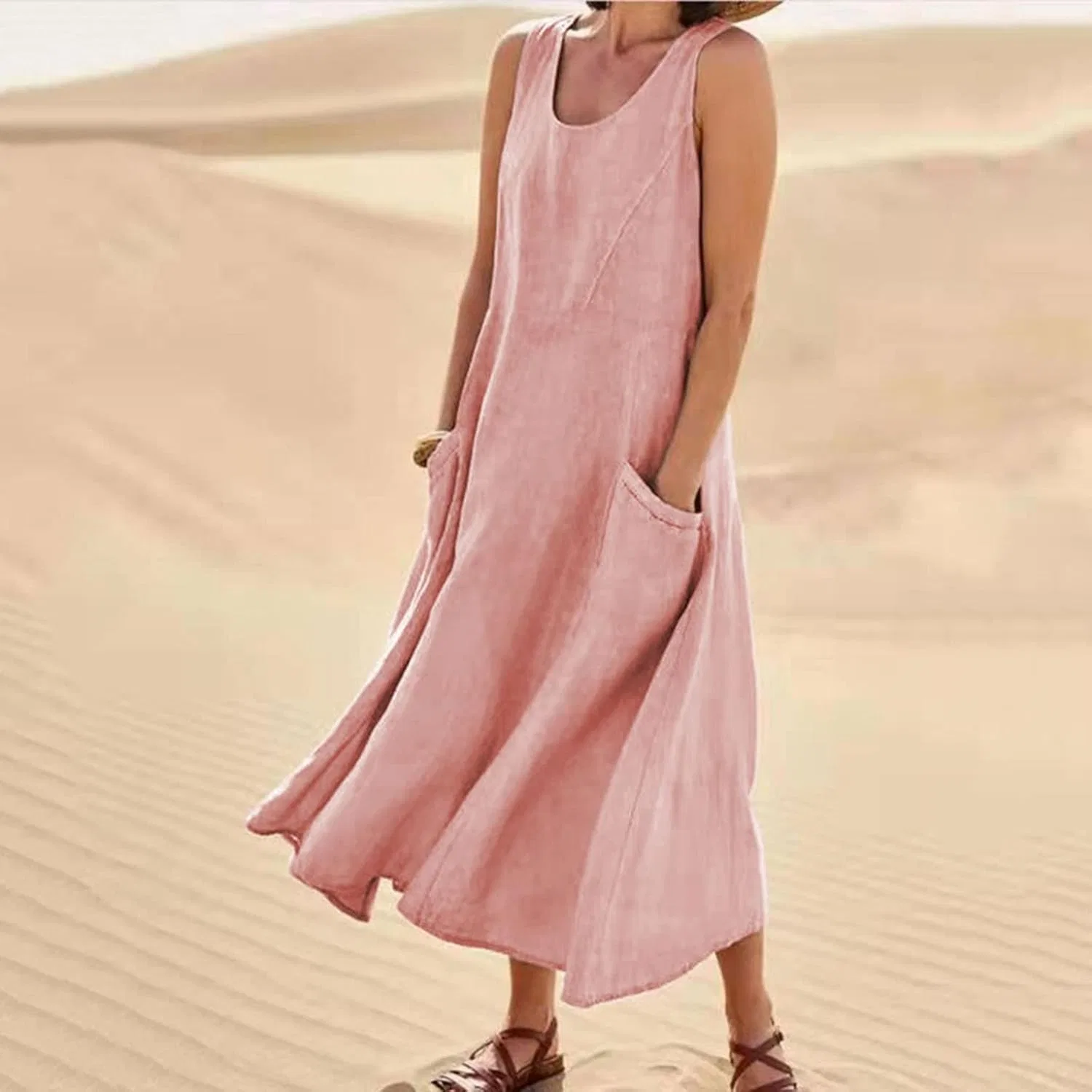 Женское свободное платье макси из хлопка и льна, Pink — фото 3