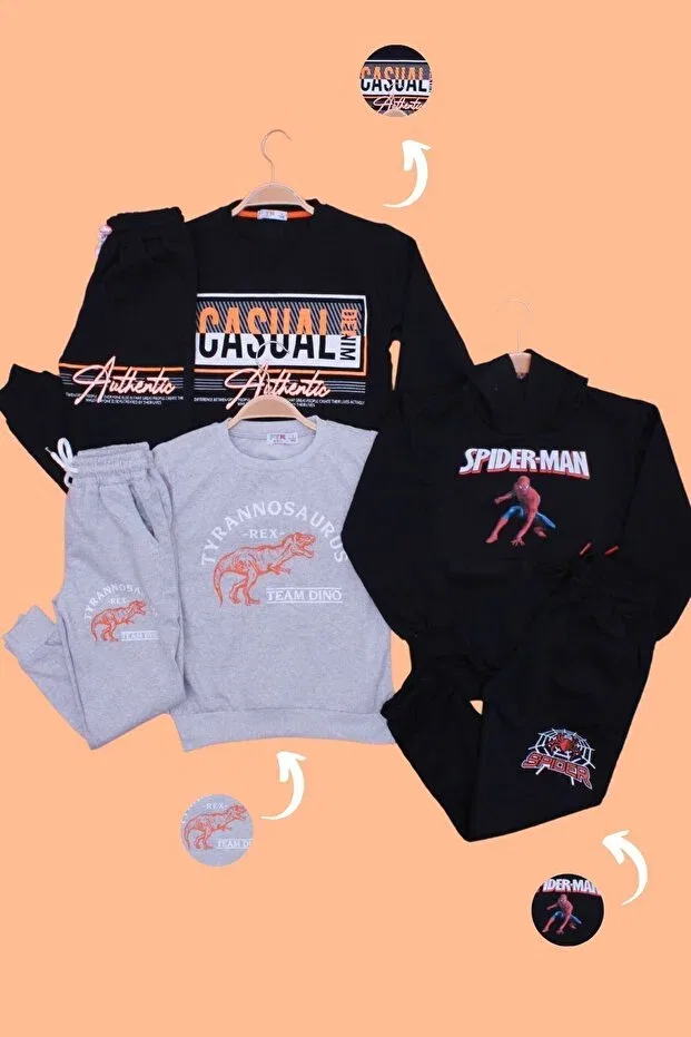 Детский комплект спортивного костюма для мальчиков с принтом Denim-Tyrannosaurus-Spiderman Ya Ko Kids, Black-Gray
