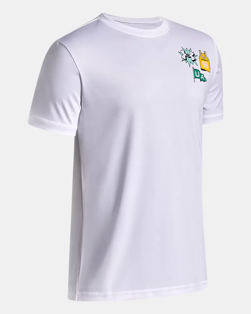 Футболка для мальчиков с коротким рукавом, быстросохнущая UA Tech Graphic UnderArmour, White/Campus Gold/Geode Green — фото 3