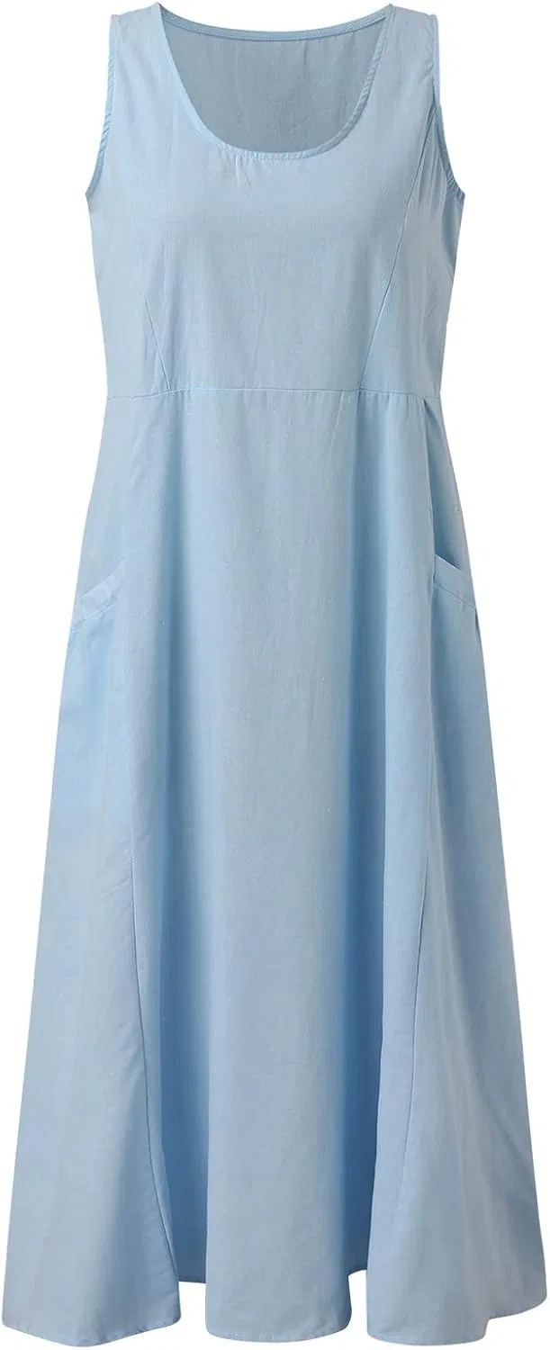 Женское летнее платье макси из хлопка и льна, Sky Blue — фото 3