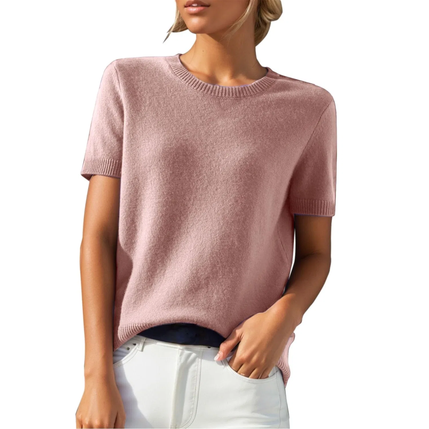 Женский свитер с коротким рукавом и круглым вырезом HUIFUAO, Z01 Pink