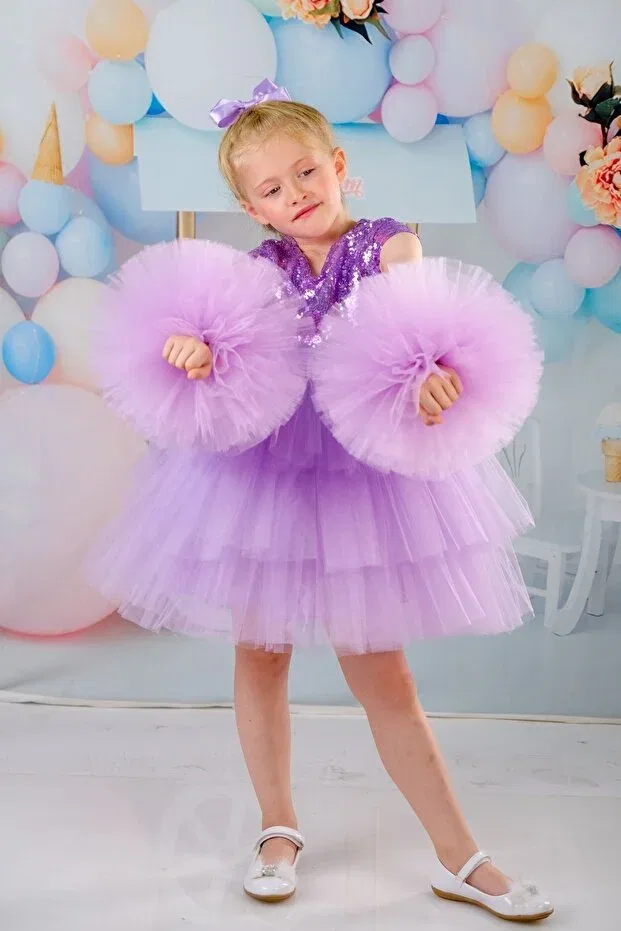 Детское платье для девочек с длинным рукавом Girl'S buckle pompom sleeve evening dress party birthday dress Delfini Kids, Lila