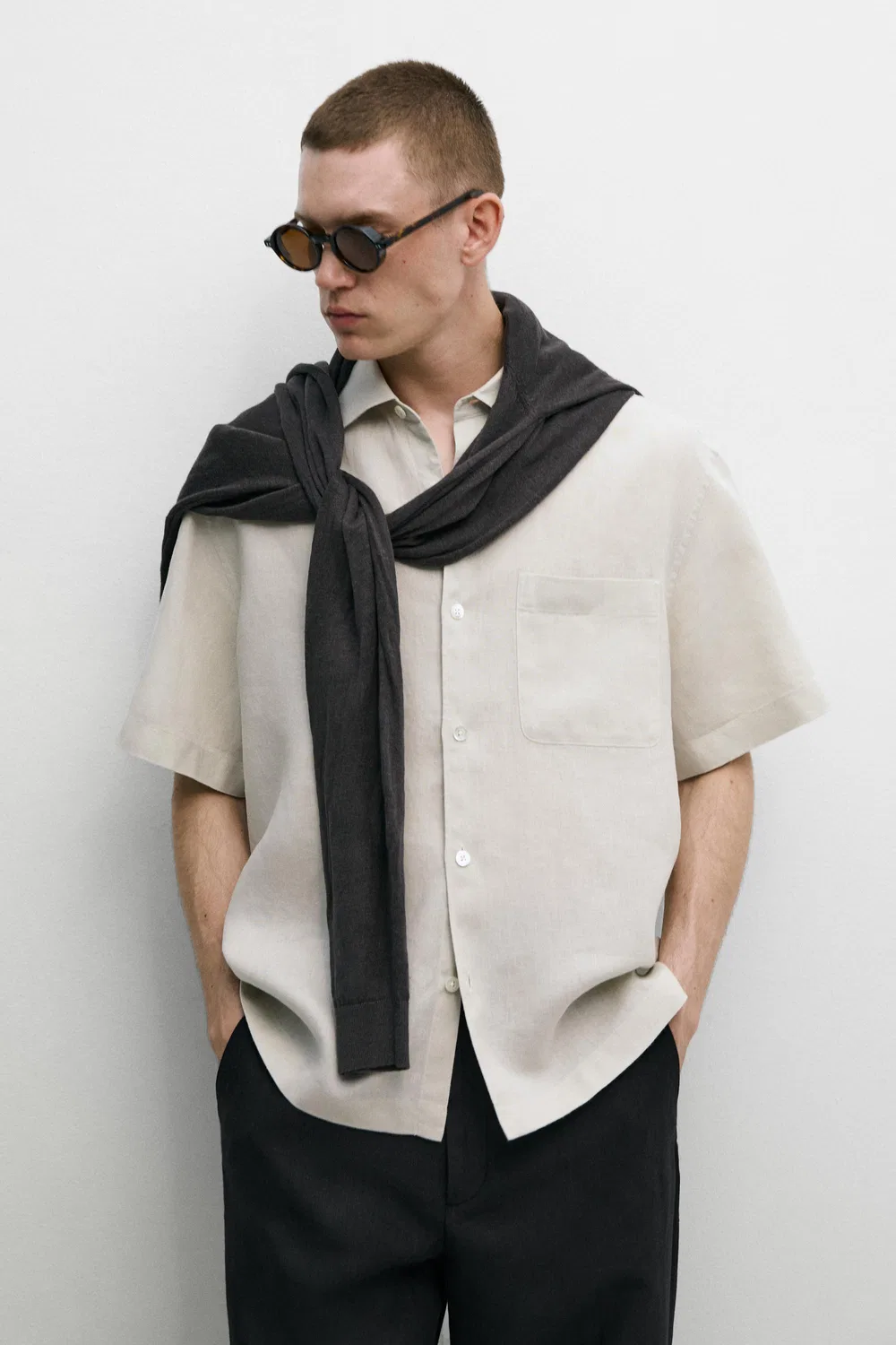 Рубашка с коротким рукавом, стандартный крой, 100% лен Massimo Dutti, бежевый — фото 2
