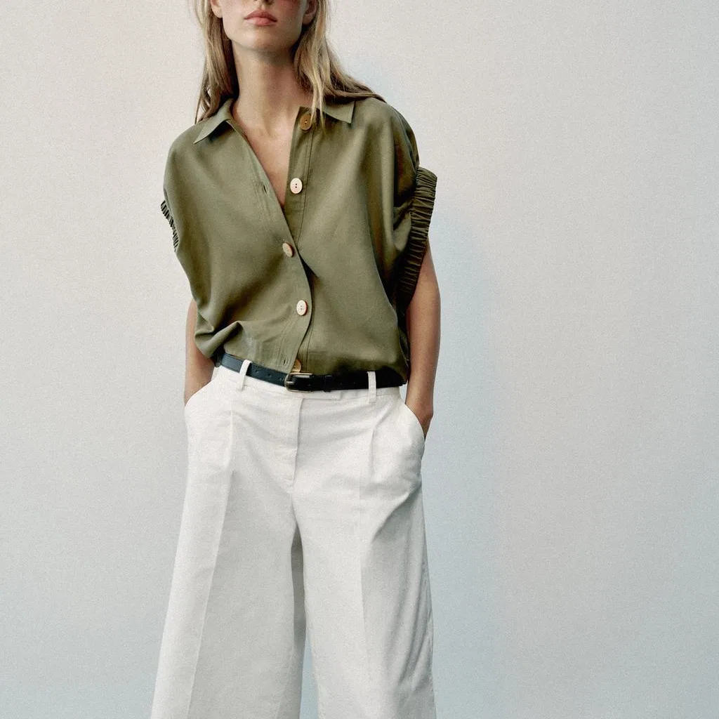 Женская рубашка с отложным воротником Light Khaki ZARA, Light Khaki — фото 4
