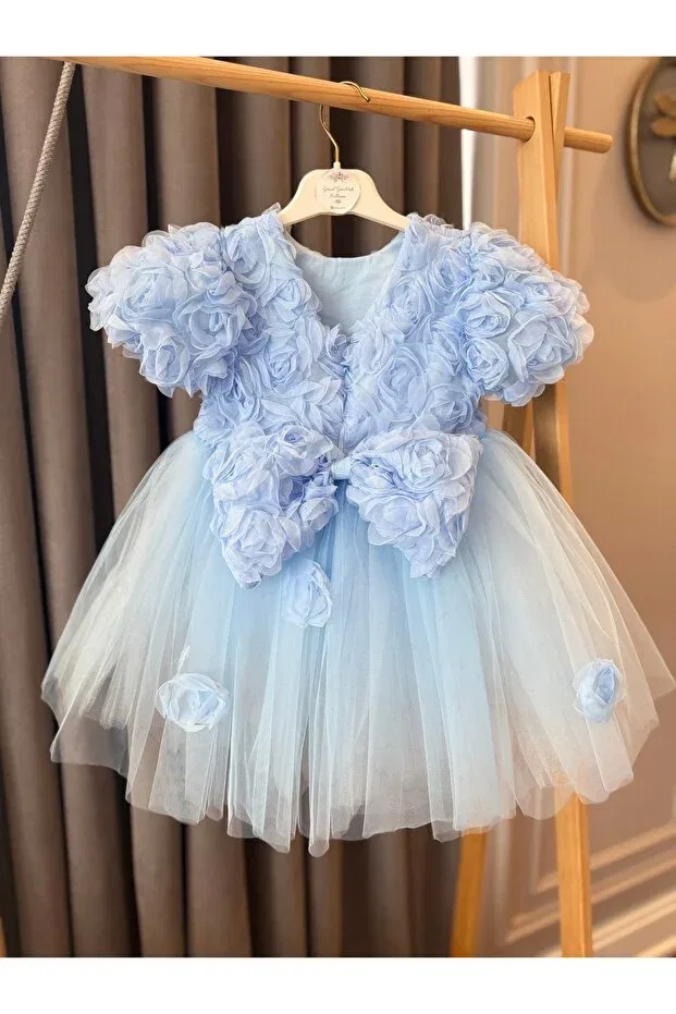Детское платье для девочек с принтом Babyaden embossed floral balloon sleeve tulle bow detailed birthday party costume girl child dress Baby Aden, Blue
