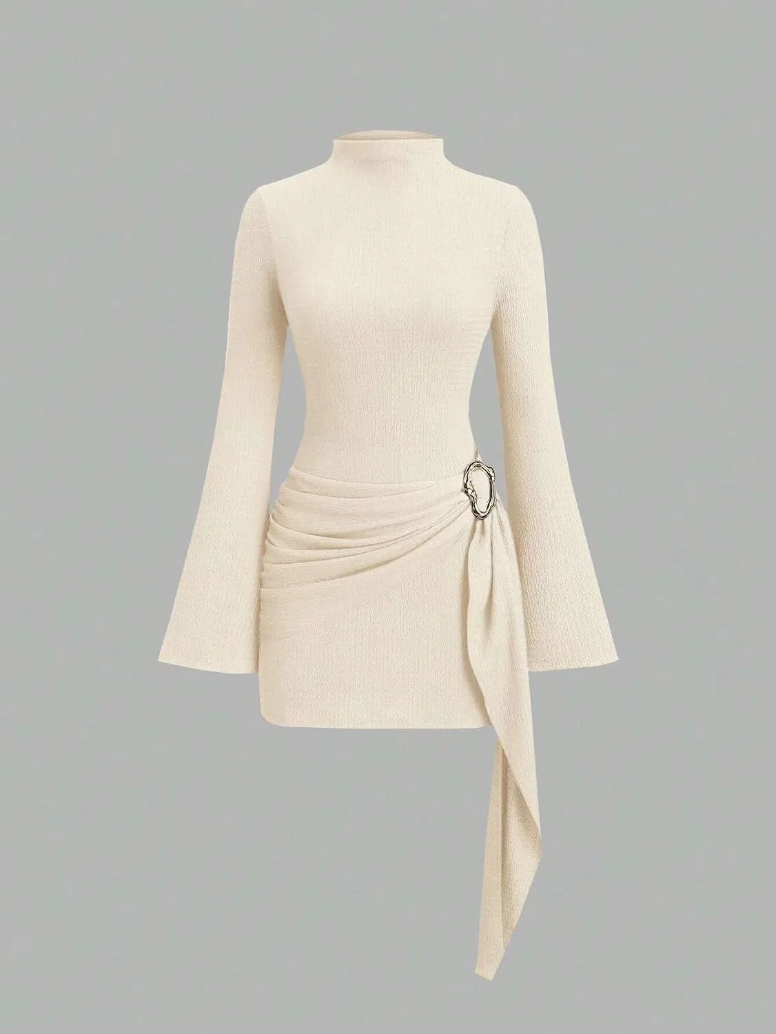 Женское мини-платье с защипами с воротником-стойкой Asymmetric, Apricot — фото 3